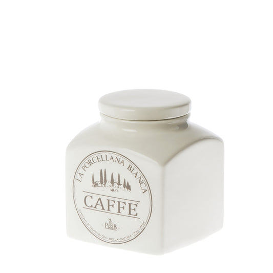 Barattolo in porcellana con scritta Caffè Dimensioni : 9,5x9,5 x h11 cm Decorati, pratici e utili, caratterizzano ambienti curati in ogni minimo dettaglio. In negozio e online su tuttochic.live