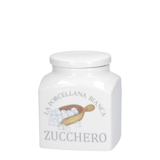 Barattolo decorato Zucchero in porcellana lt. 1,1.  Funzionali ad ospitare gli alimenti più usati nei vostri piatti per una cucina sempre in ordine.