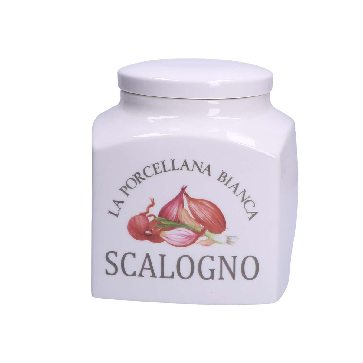 Barattolo in porcellana decorata "Scalogno". Dimensioni: 12x12xh 16 cm, 1800 cc. Portano colore in cucina i funzionali barattoli Conserva, con un’intuitiva illustrazione per catalogare spezie, tè, caffè e tisane, tutti dotati di un pratico tappo a chiusura ermetica. In negozio e online su tuttochic.live