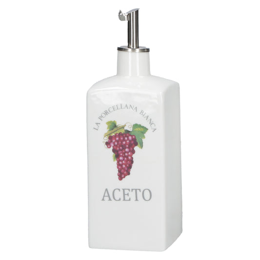 Acetiera decorata in porcellana 250 ml. Dimensioni: 6x6xh 15 cm Portano colore in cucina i funzionali barattoli Conserva, con un’intuitiva illustrazione per catalogare spezie, tè, caffè e tisane, tutti dotati di un pratico tappo a chiusura ermetica. Lavabile in lavastoviglie. In negozio e online su tuttochic.live