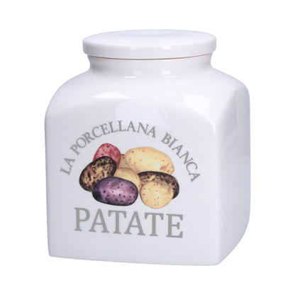 Barattolo in porcellana decorata "Patate" con tre fori posteriori. Dimensioni: 15x15xh 20 cm, 3500 cc. Portano colore in cucina i funzionali barattoli Conserva, con un’intuitiva illustrazione per catalogare spezie, tè, caffè..., tutti dotati di un pratico tappo a chiusura ermetica. In negozio e online su tuttochic.live