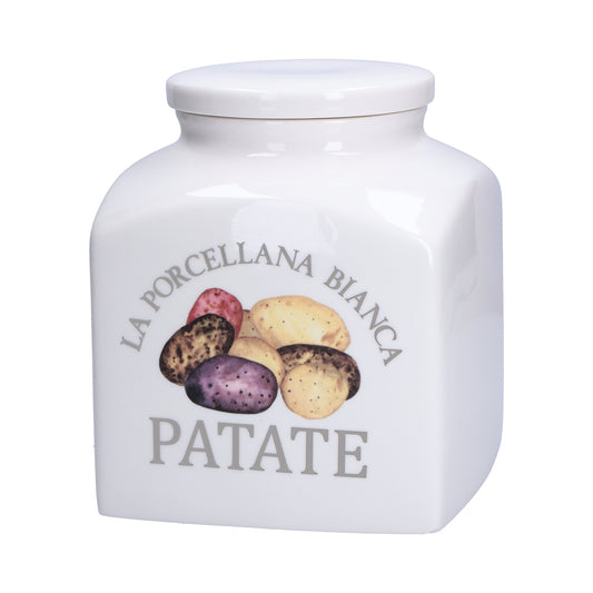 Barattolo in porcellana decorata "Patate" con tre fori posteriori. Dimensioni: 15x15xh 20 cm, 3500 cc. Portano colore in cucina i funzionali barattoli Conserva, con un’intuitiva illustrazione per catalogare spezie, tè, caffè..., tutti dotati di un pratico tappo a chiusura ermetica. In negozio e online su tuttochic.live