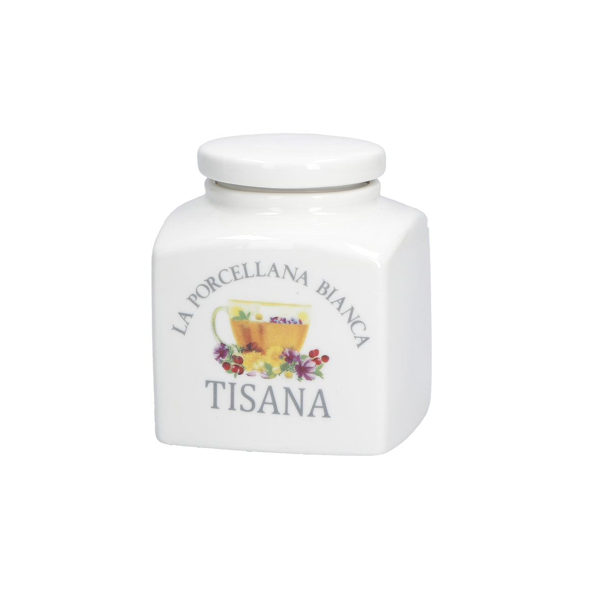 Barattolo in porcellana con scritta decorata Tisana Dimensioni : 9,5x9,5 x h11 cm Decorati, pratici e utili, caratterizzano ambienti curati in ogni minimo dettaglio. In negozio e online su tuttochic.live