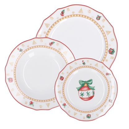 Set di 2 posti tavola in porcellana con decoro natalizio. Composto da: 2 piatti piani ø 26 cm, 2 piatti fondi ø 23 cm e 2 piatti frutta ø 20 cm. Lavabile in lavastoviglie Utilizzabile in forno microonde. In negozio e online su tuttochic.live