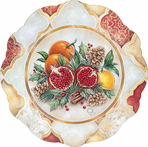 Piatto panettone in legno con decorazione di Melograni . Diametro cm 33. Predisposto per essere attaccato a parete. In negozio e online su tuttochic.live