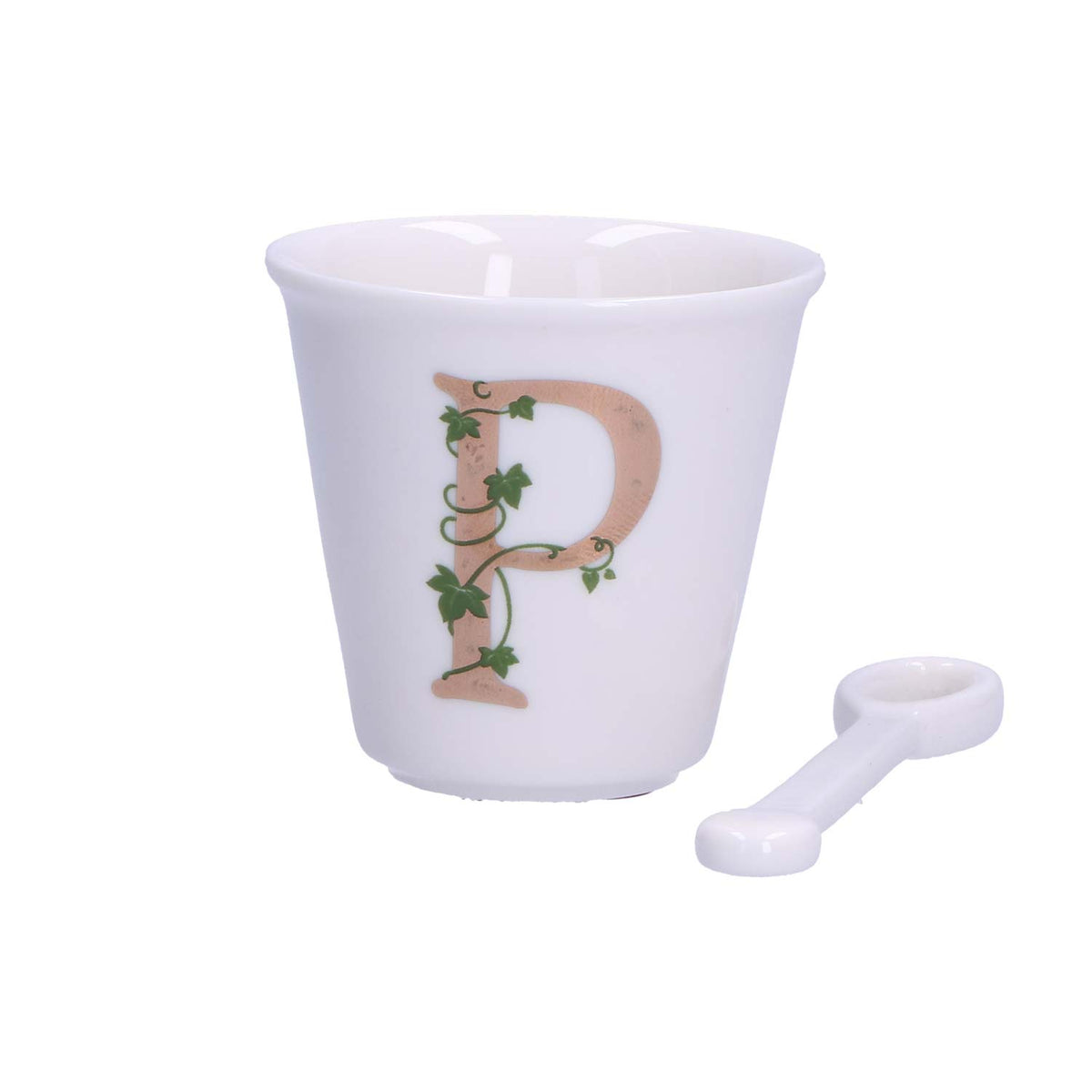 "Unico" Bicchierino in porcellana con iniziale decorata e cucchiaino. Capacità 75 cc Dimensioni: diametro cm 6,7- altezza cm 6 Lavare a mano 
