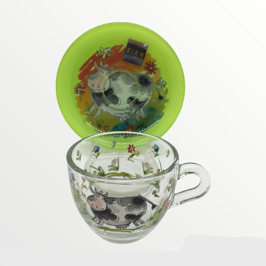 Tazzina da caffè con piattino in vetro decorato. Dimensioni: piattino Ø cm 11,5 - tazzina cm 6 x 5 h. In negozio e online su tuttochic.live