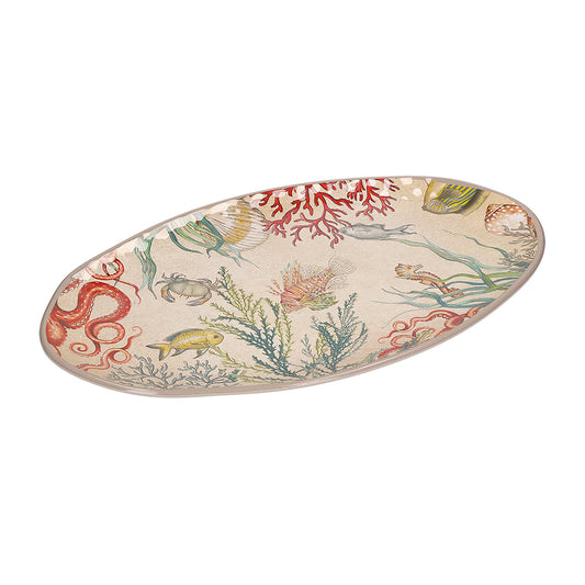 Piatto ovale in melamina con decoro marino. La melamina, un materiale resistente, leggero, altamente igienico e di facile manutenzione. Dimensioni singolo piatto: cm Ø 52 x 30 x h 2. Lavabile in lavastoviglie. Non Utilizzabile in microonde e in forno tradizionale. In negozio e online su tuttochic.live