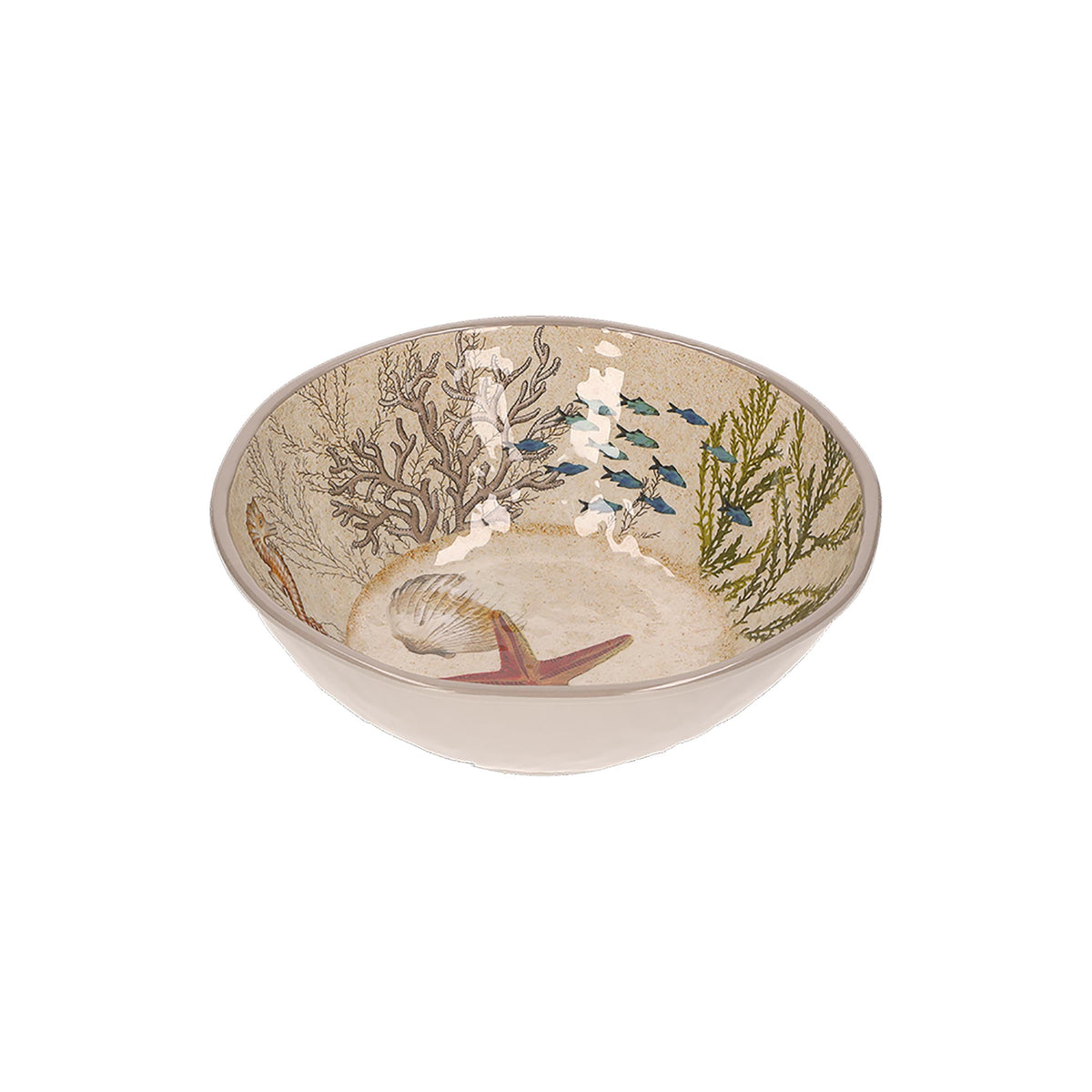 Insalatiera in melamina con decoro marino. La melamina, un materiale resistente, leggero, altamente igienico e di facile manutenzione. Dimensioni singolo piatto: cm Ø 28 x h 9,5. Lavabile in lavastoviglie. Non Utilizzabile in microonde e in forno tradizionale. In negozio e online su tuttochic.live