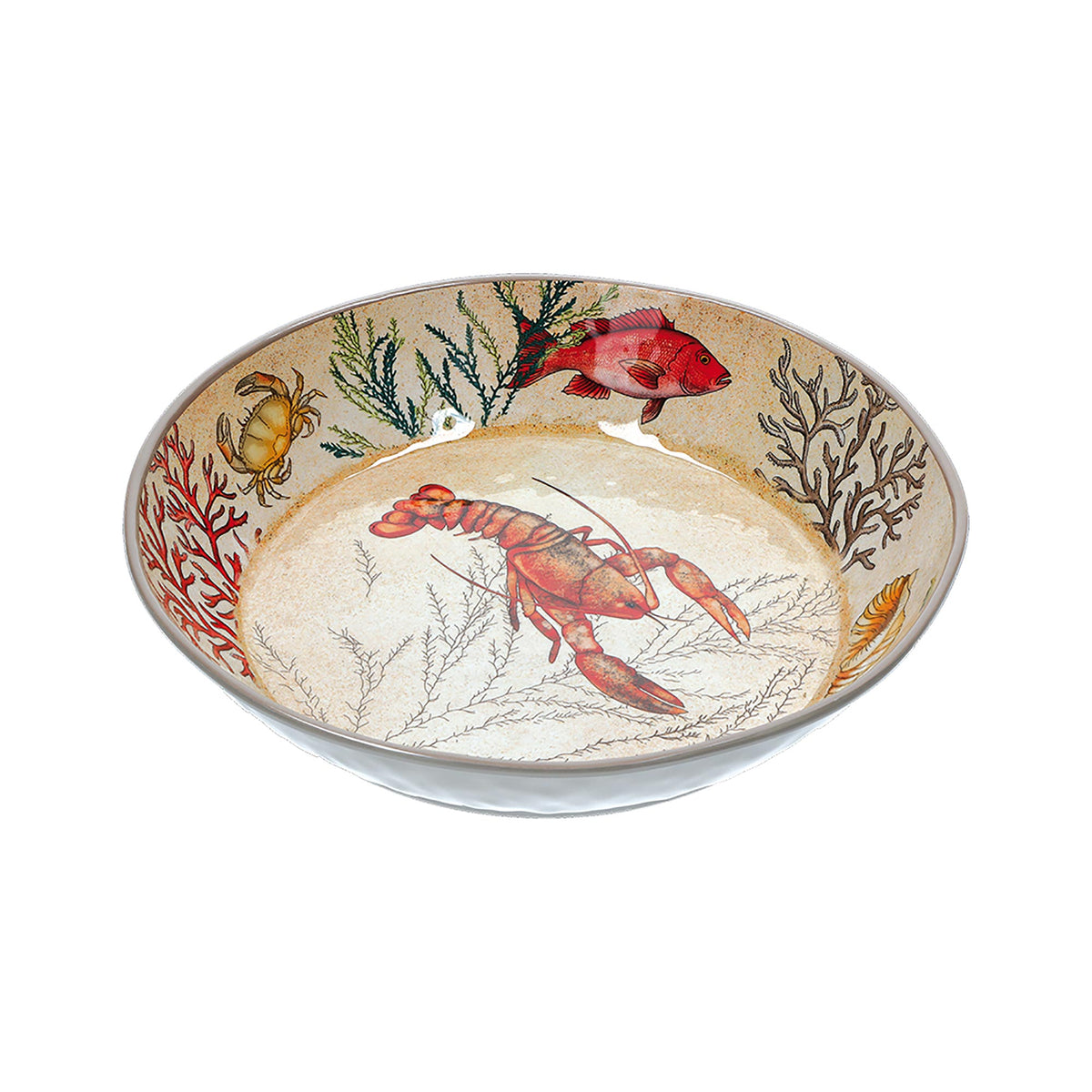 Spaghettiera in melamina con decoro marino. La melamina, un materiale resistente, leggero, altamente igienico e di facile manutenzione. Dimensioni: cm Ø 37 x h11,5. Lavabile in lavastoviglie. Non Utilizzabile in microonde e in forno tradizionale. In negozio e online su tuttochic.live