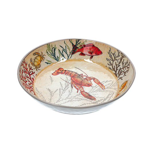Spaghettiera in melamina con decoro marino. La melamina, un materiale resistente, leggero, altamente igienico e di facile manutenzione. Dimensioni: cm Ø 37 x h11,5. Lavabile in lavastoviglie. Non Utilizzabile in microonde e in forno tradizionale. In negozio e online su tuttochic.live