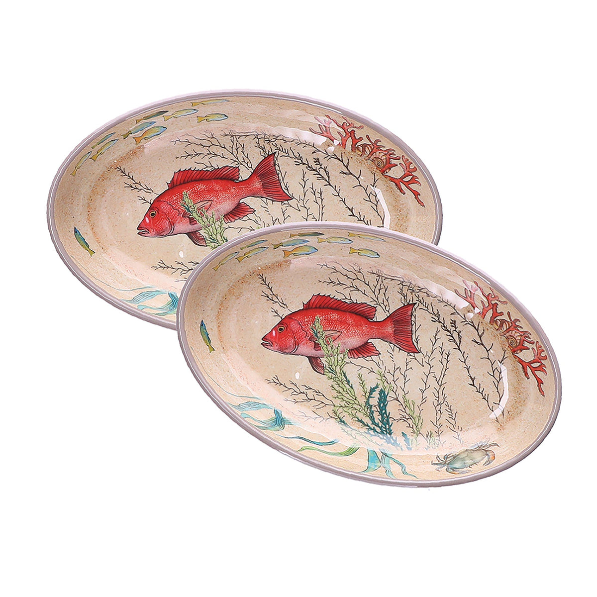 Set di 2 Piatti fondi ovali in melamina con decoro marino. La melamina, un materiale resistente, leggero, altamente igienico e di facile manutenzione. Dimensioni singolo piatto: cm 24 x 15 x h 4,5. Lavabile in lavastoviglie. Non Utilizzabile in microonde e in forno tradizionale. In negozio e online su tuttochic.live