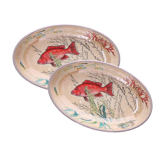 Set di 2 Piatti fondi ovali in melamina con decoro marino. La melamina, un materiale resistente, leggero, altamente igienico e di facile manutenzione. Dimensioni singolo piatto: cm 24 x 15 x h 4,5. Lavabile in lavastoviglie. Non Utilizzabile in microonde e in forno tradizionale. In negozio e online su tuttochic.live