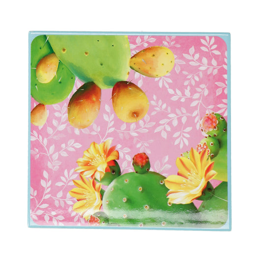 Sottopentola in ceramica decorata con tema fichi d'india, fondo isolante in sughero. Dimensioni : cm. 20 x 20. In negozio e online su tuttochic.live