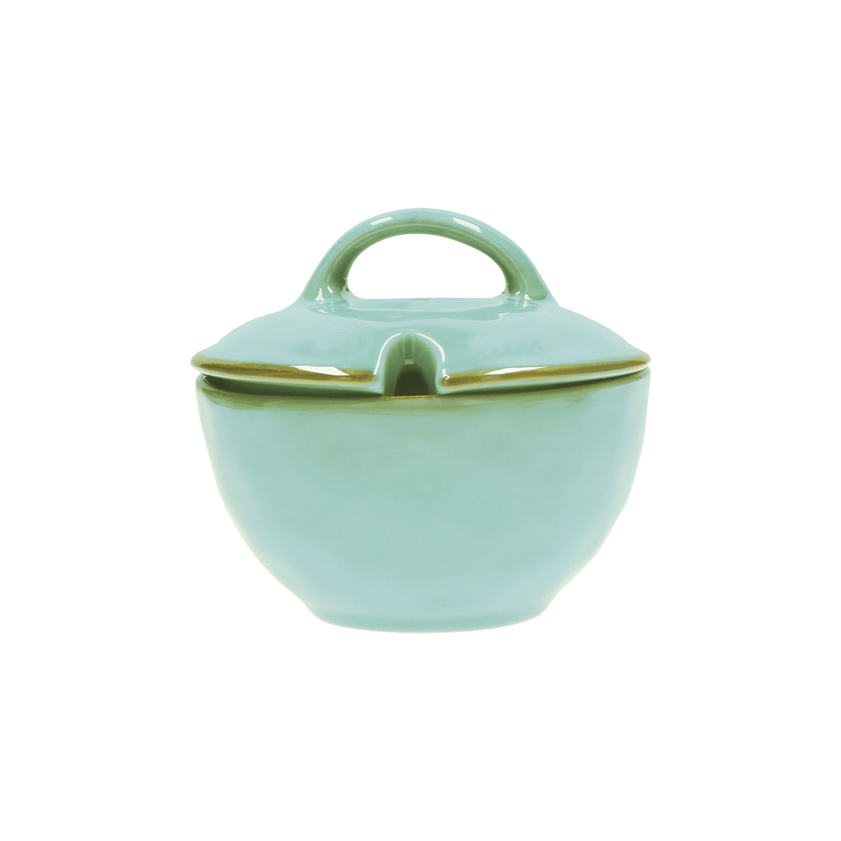 Zuccheriera con coperchio in porcellana di colore verde acqua. Colori e forme moderne si mescolano con armonia ed elementi della tradizione. Dimensioni: Ø 11 cm, 250 cc. In negozio e online su tuttochic.live