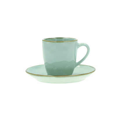 Tazzina caffè con piattino di colore verde acqua della linea Concerto.  L’apparecchiatura è bellissima tono su tono o nei diversi abbinamenti di colore. Materiale: Stoneware Capacità: 90 cc Lavabile in lavastoviglie. Utilizzabile in microonde. Non Utilizzabile in forno tradizionale. In negozio e online su tuttochic.live