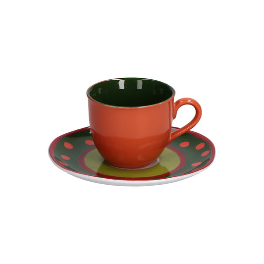 Set di 6 tazzine da caffè verde con piattino in porcellana decorata. Capacità: cc 100 Cozy Cottage Rendere l’ordinario straordinario: la tavola con lo stile allegro e i colori di Cozy Cottage diventa una festa. Lavabile in lavastoviglie Utilizzabile in forno a microonde. In negozio e online su tuttochic.live