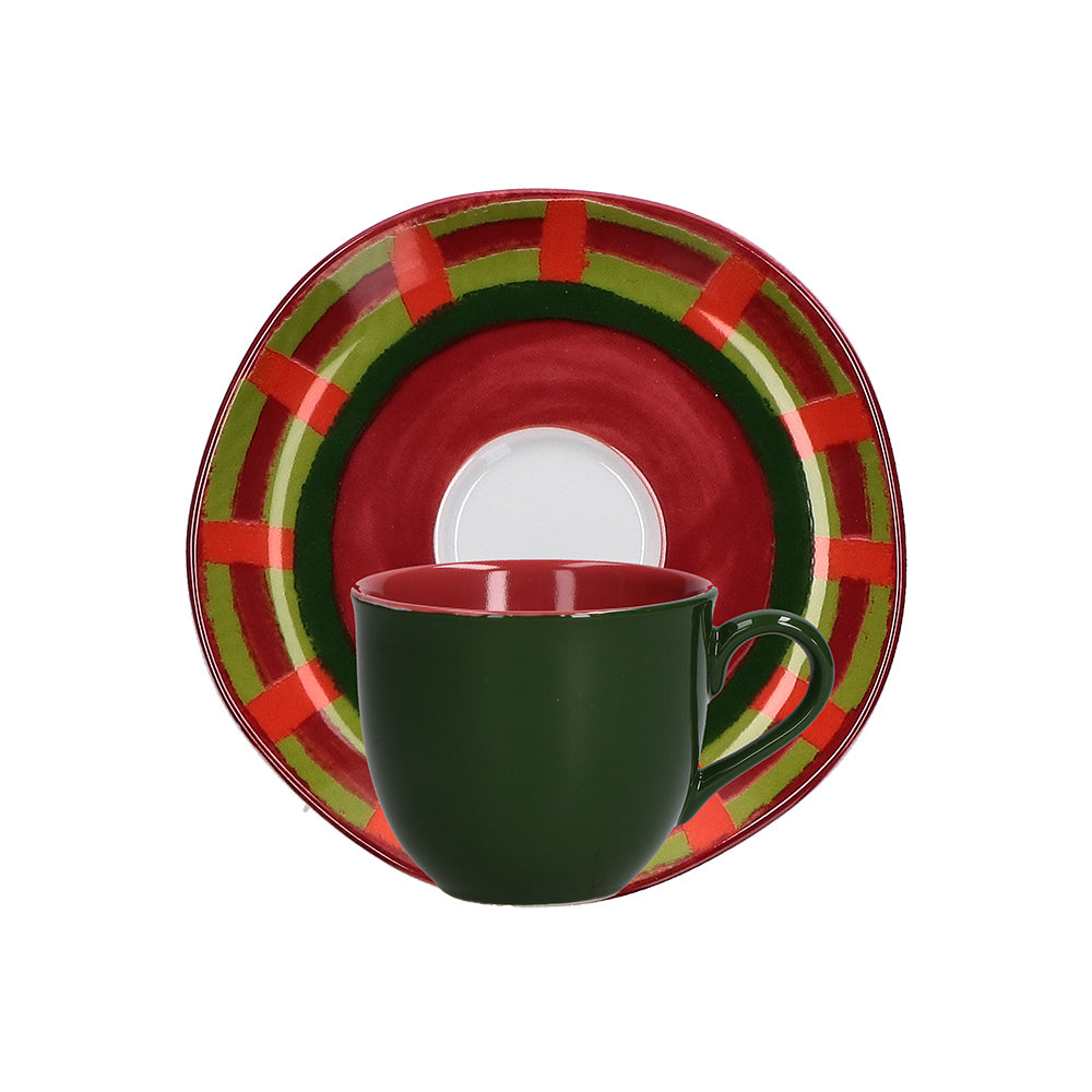 Set di 6 tazzine da caffè verde con piattino in porcellana decorata. Capacità: cc 100 Cozy Cottage Rendere l’ordinario straordinario: la tavola con lo stile allegro e i colori di Cozy Cottage diventa una festa. Lavabile in lavastoviglie Utilizzabile in forno a microonde. In negozio e online su tuttochic.live