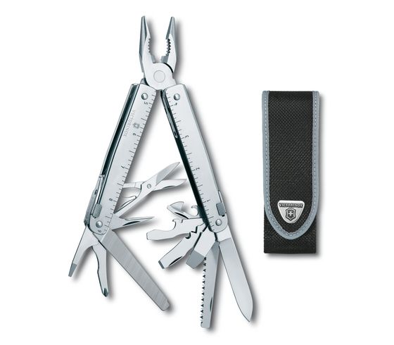 SwissTool X è un’intera cassetta degli attrezzi elegantemente racchiusa in un unico, sofisticato multi-strumento. Perfetto per andare ovunque, fare tutto e spuntarla sempre. Dimensioni Altezza 21 mm Peso netto 290 gr Misura 11,5 cm Materiale dei fianchi: acciaio inox Lama bloccabile. In negozio e online su tuttochic.live