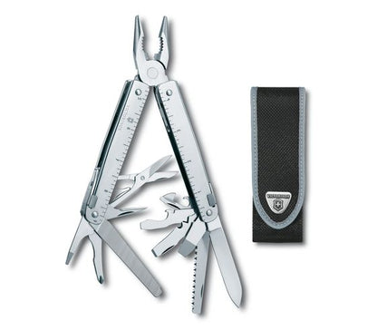 SwissTool X è un’intera cassetta degli attrezzi elegantemente racchiusa in un unico, sofisticato multi-strumento. Perfetto per andare ovunque, fare tutto e spuntarla sempre. Dimensioni Altezza 21 mm Peso netto 290 gr Misura 11,5 cm Materiale dei fianchi: acciaio inox Lama bloccabile. In negozio e online su tuttochic.live
