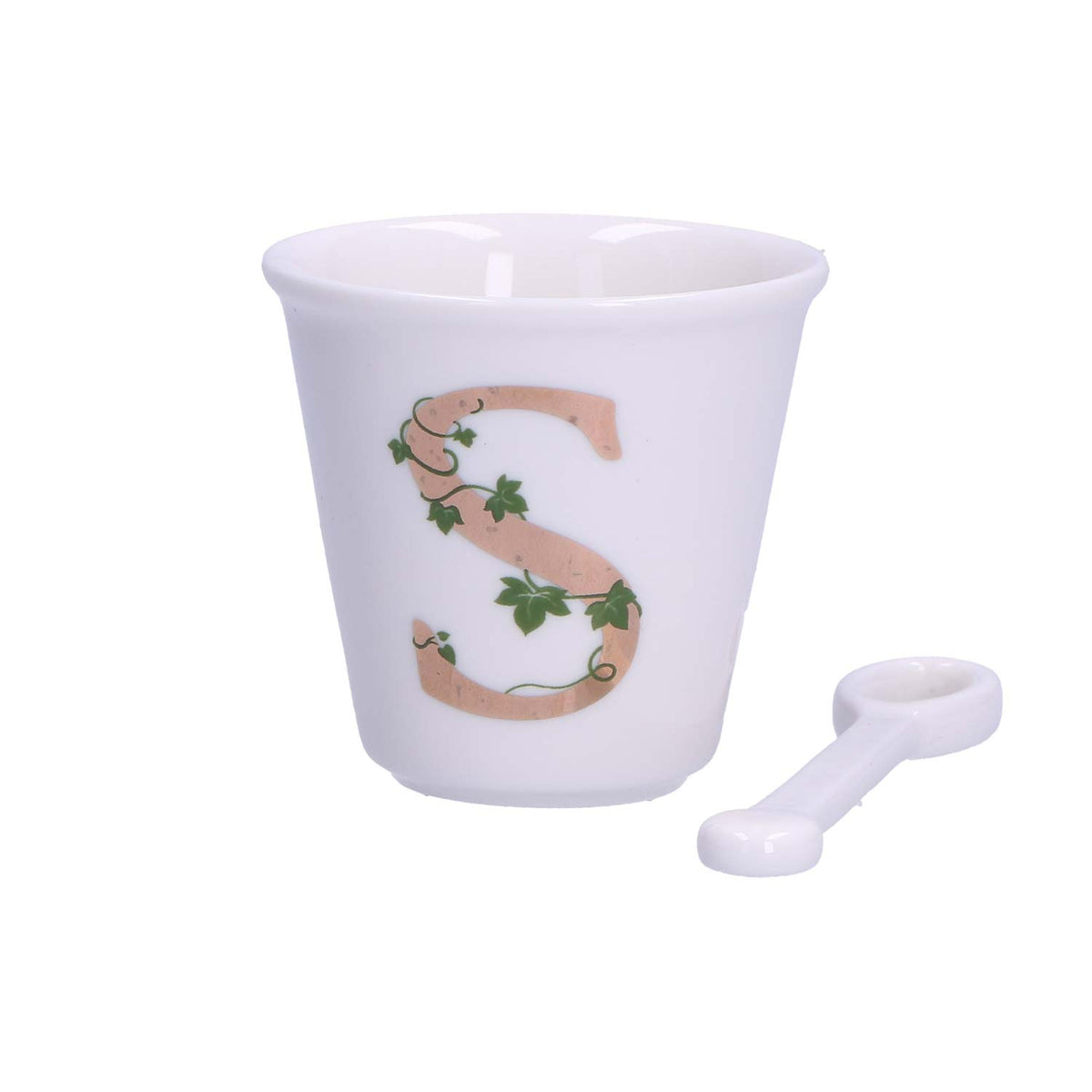 "Unico" Bicchierino in porcellana con iniziale decorata e cucchiaino. Capacità 75 cc Dimensioni: diametro cm 6,7- altezza cm 6 Lavare a mano 