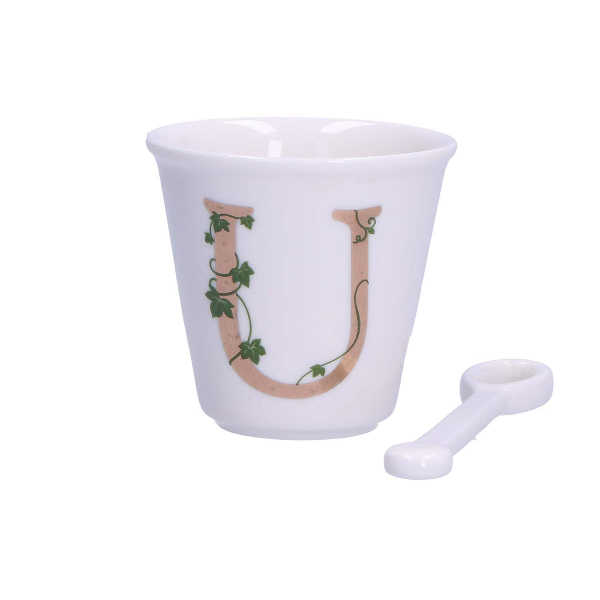 "Unico" Bicchierino in porcellana con iniziale decorata e cucchiaino. Capacità 75 cc Dimensioni: diametro cm 6,7- altezza cm 6 Lavare a mano 