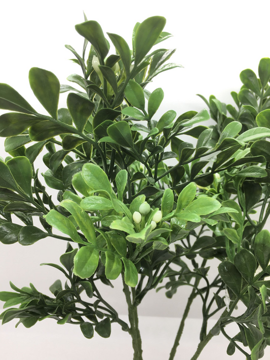 Mazzo di 4 rametti artificiali di foglioline di Bosso. (senza basetta) Ideali per arricchire composizioni di fiori e non solo. Dimensioni rametto: cm 13 x 32 h. In negozio e online su tuttochic.live
