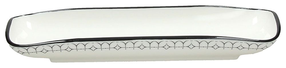 Vassoietto rettangolare in ceramica decorata di colore bianco e nero. Dimensioni: cm 29 x 10.&nbsp;Per alimenti, utilizzabile in lavastoviglie e microonde. In negozio e online su tuttochic.live