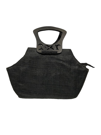 Borsa da passeggio in tessuto decorata con applicazioni di madreperla, perline e manici in legno lavorato. Chiusura a cerniera. Interno foderato con tasca. Dimensioni: cm 44 x 10 x 36 h (inclusi i manici). In negozio e online su tuttochic.live