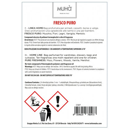 Borsettina in tessuto profuma cassetti e armadi contenente piccole sfere profumate. Dimensioni: cm 6,5 x 10. Fragranza Fresco Puro La fragranza sprigiona note di fiori bianchi, di gigli e di muschi e avvolge i sensi con note dolci degli agrumi bagnati dalla rugiada mattutina. In negozio e online su tuttochic.live