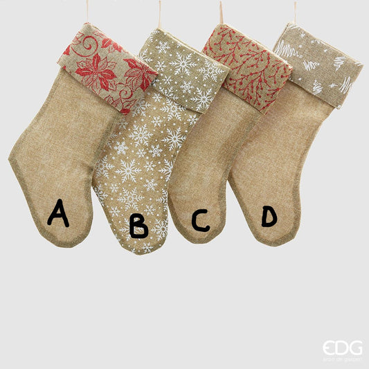 Calza di natale in tessuto  juta decori assortiti. Dimensioni: cm 43 x 18