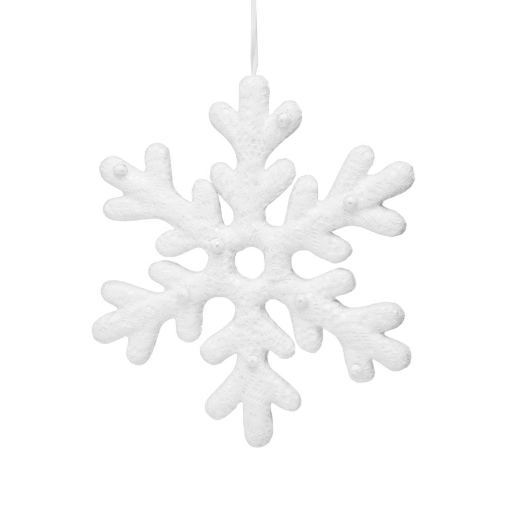 Fiocco di neve in polisterolo ricoperto di pizzo bianco e glitter. Dimensione / Diametro esterno in cm: 29. In negozio e online su tuttochic.live