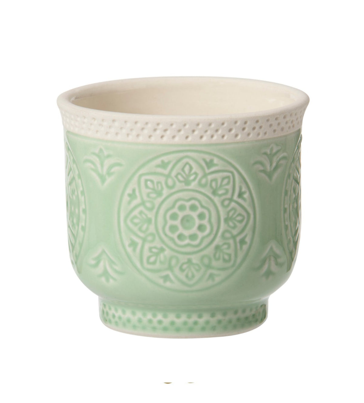 Porta candela tondo in ceramica lavorata di colore verde acqua, ideale per candele sampler e T-Light. Dimensioni: ø 6,8 cm, altezza cm 6. In negozio e online su tuttochic.live