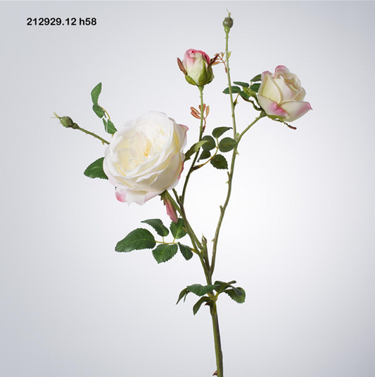 Rosa artificiale x 3 rametti. Dimensioni: cm. 58 Colore: bianco con sfumature rosa Petali e foglie in tessuto, stelo in plastica. In negozio e online su tuttochic.live