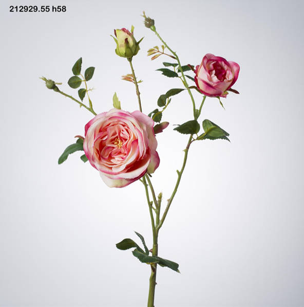 Rosa artificiale x 3 rametti. Dimensioni: cm. 58 Colore: rosa sfumato Petali e foglie in tessuto, stelo in plastica. In negozio e online su tuttochic.live