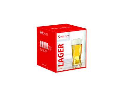 Set di 4 bicchieri per birra Lager in vetro cristallino. I bicchieri da birra classici di Spiegelau migliorano il piacere di bere birra. Dimensioni: mm 82 x 180 h - Capacità: 630 ml. Lavabile in lavastoviglie. Selezione di prodotti Spiegelau, in negozio e online su tuttochic.live