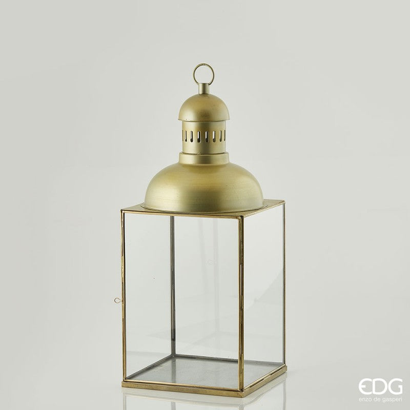 Lanterna quadrata in metallo oro opaco invecchiato con cupola e pannelli in vetro alta 84 cm di EDG Enzo De Gasperi.