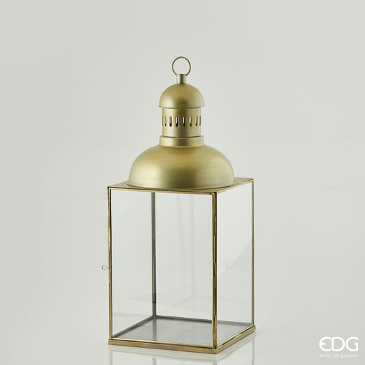 Lanterna quadrata in metallo oro opaco invecchiato con cupola e pannelli in vetro alta 84 cm di EDG Enzo De Gasperi.
