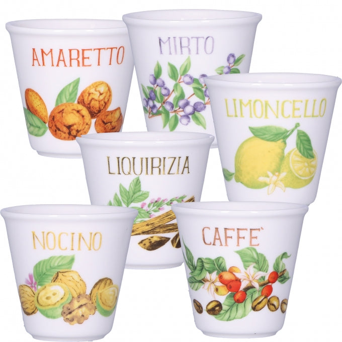 Set di 6 bicchierini per liquori in porcellana decorata. Capacità: 75 cc. In negozio e online su tuttochic.live