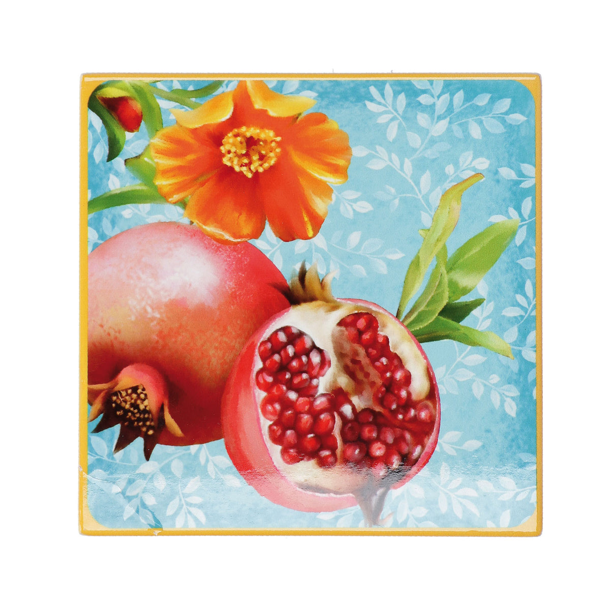 Sottopentola in ceramica decorata con tema melograno, fondo isolante in sughero. Dimensioni : cm. 20 x 20. In negozio e online su tuttochic.live