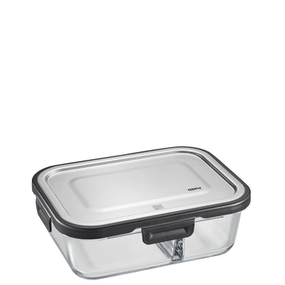Contenitori per alimenti in vetro borosilicato  MILO con coperchi in acciaio inossidabile a scatto, un divisorio integrato consente di conservare diversi alimenti separatamente l'uno dall'altro. Capacità 300 ml + 500 ml adatto per forno e microonde L 23,2 cm, P 17,6 cm, H 7,5 c. in negozio e online su tutttochic.it