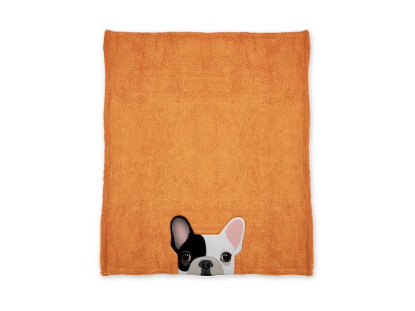Plaid in morbidissima microfibra decorato con cagnolino "Buddy" su fondo di colore arancione. "Fatti coccolare con un morbido abbraccio". Dimensioni: cm 140 x 180 Tessuto 100% poliestere - Con bordo risvoltato. Lavabile in lavatrice a 30 gradi. In negozio e online su tuttochic.live