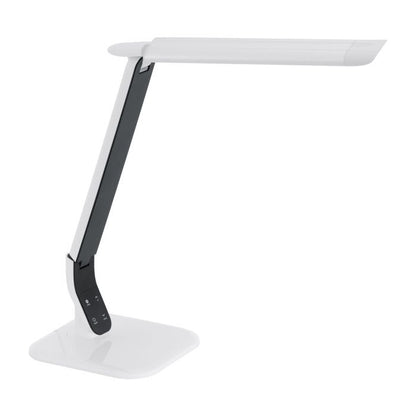Lampada da scrivania in metallo e policarbonato bianco e nero.  Dimensioni  Altezza articolo (in mm): 430 Lunghezza base (in mm): 180 Larghezza base (in mm): 180 Peso netto: 1,03 Informazioni tecniche Classe di protezione: 2 Temperatura colore: 3000K, 4500K, 6000K Tensione di rete: 220-240V,50/60Hz Tensione di esercizio: 12V Tipo di interruttore: Dimmer a sfioramento