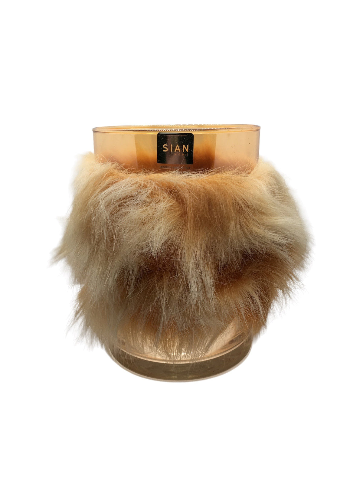 Vaso portafiori in vetro di colore ambra, decorato con pelliccia sintetica di colore beige sfumata bianca. Dimensioni: Ø cm 20 con pelliccia, x 20 h Decorata a mano in Italia, lavare a mano