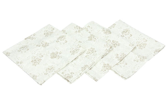 Set di&nbsp;4 tovaglioli in puro cotone bianco con decoro beige. Dimensioni: cm 42 x 42