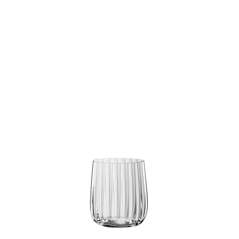 Set di 4 bicchieri tumbler in vetro cristallino lavorato. Dimensioni: mm 83 x 90 h - Capacità: 340 ml Lavabile in lavastoviglie. In negozio e online su tuttochic.live